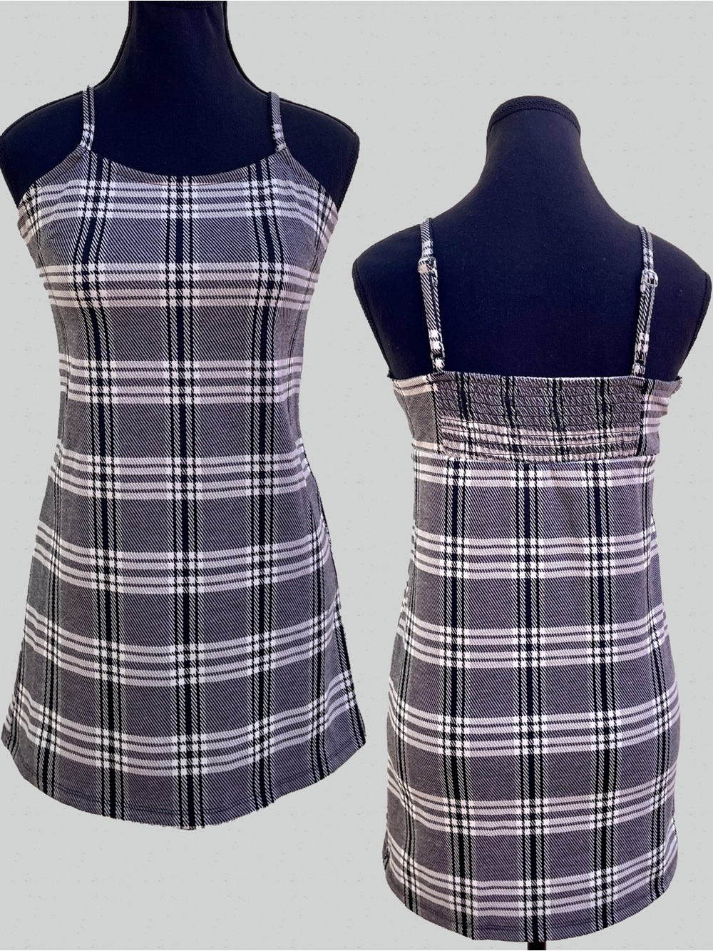 Black Plaid Mini Dress Adjustable Straps Smocked Back Preppy Girls’ Size 12 GUC
